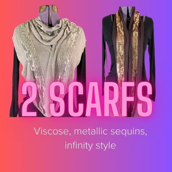 🦄 Cejon Accessories 2 Skinny Sequin Infinity Scarfs Gray Silver Brown Gold - Picture 12 of 12